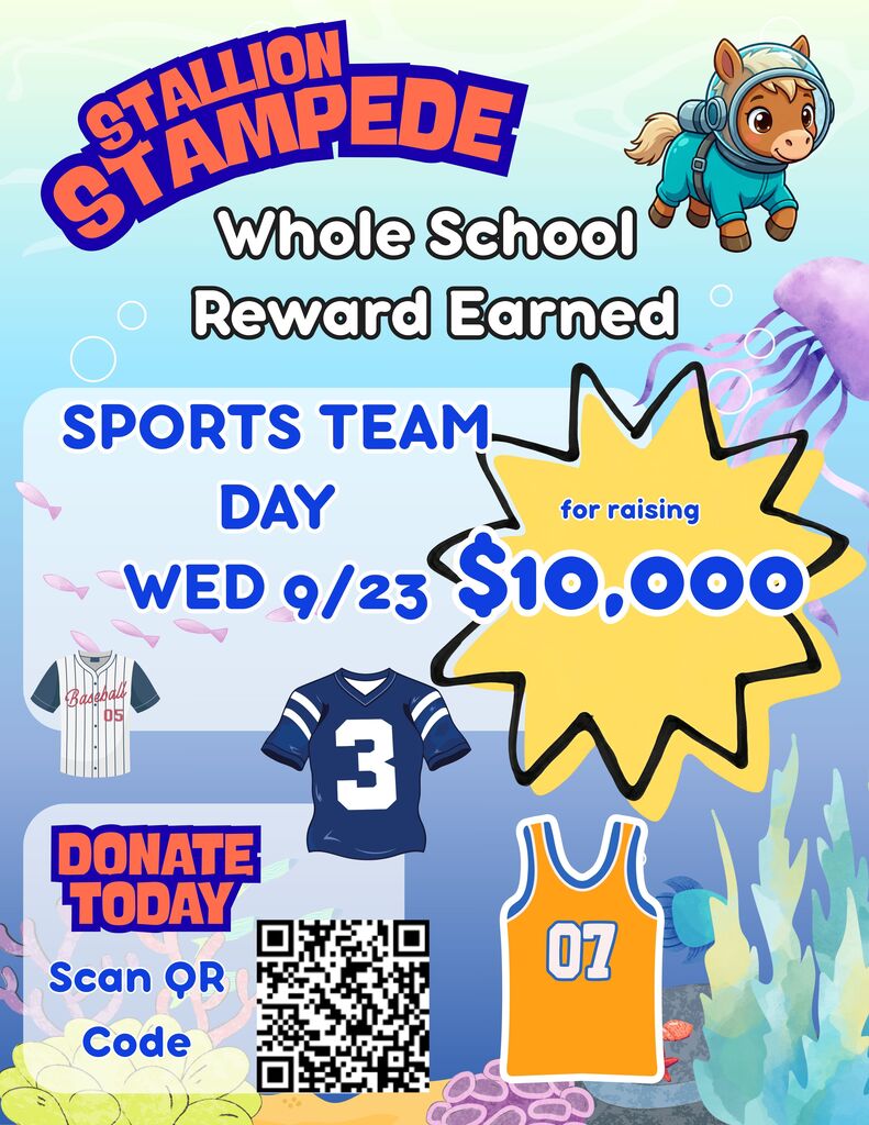 An advertisement for a school event. It says "Whole School Reward Earned." A QR code is available for donations.