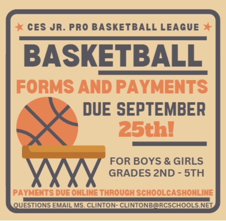 Christiana Elementary School-Jr. Pro Basketball Signups! Forms and payments due Sept. 25th! This is for 2nd-5th grade boys and girls. Payments are due online through schoolcashonline. Send all questions to Ms. Clinton at clintonb@rcschools.net.