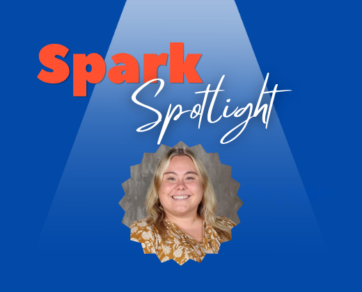 A person with blonde hair smiles for a photo. Text reads "Spark Spotlight" on a blue background.