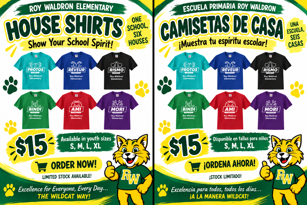 Advertisement for Roy Waldron Elementary House shirts. Multiple color options available. Price is $15. Order now.