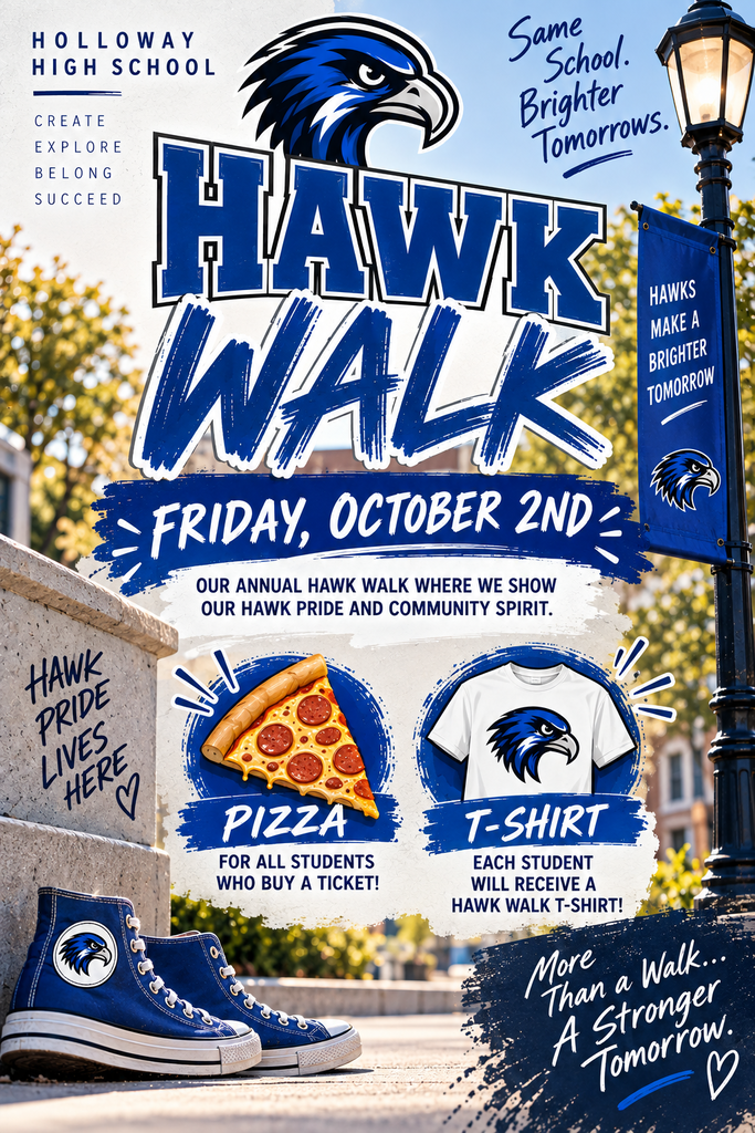 Poster for Hawk Walk event at Holloway High School on Oct 2. Features pizza, t-shirt, and shoes.