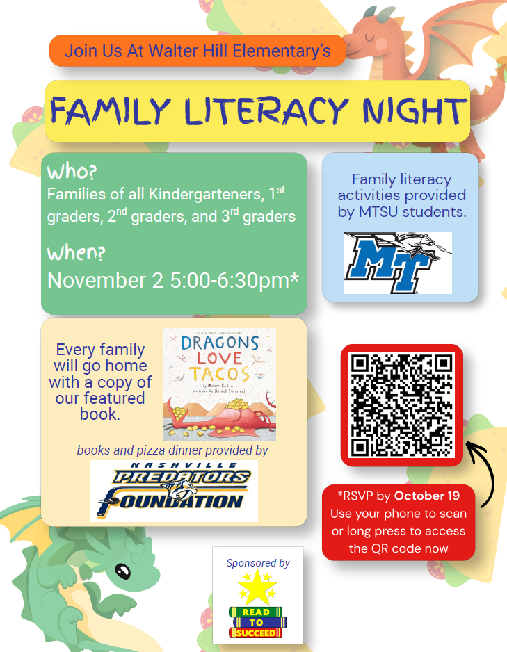 An event poster for Family Literacy Night at Walter Hill Elementary. It features a QR code, a dragon, and text about the event.