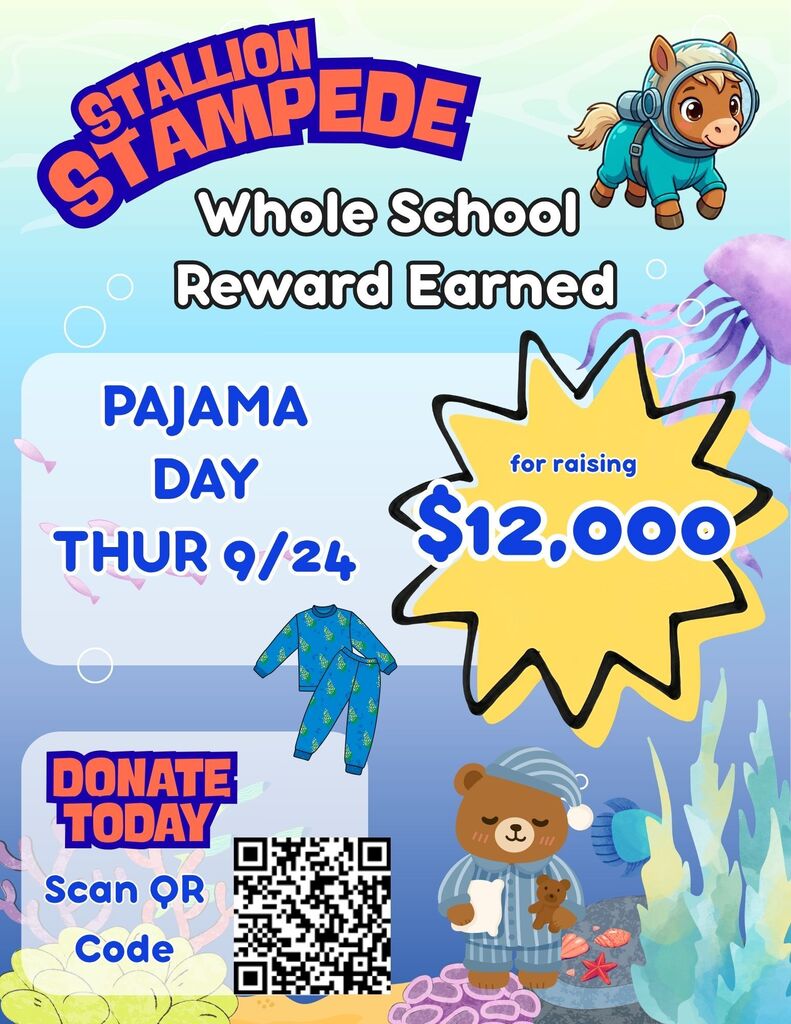 Event announcement with "Stallion Stampede" at the top. A bear is raising $12,000. Pajama Day is on Thursday, September 24. QR code for donation.