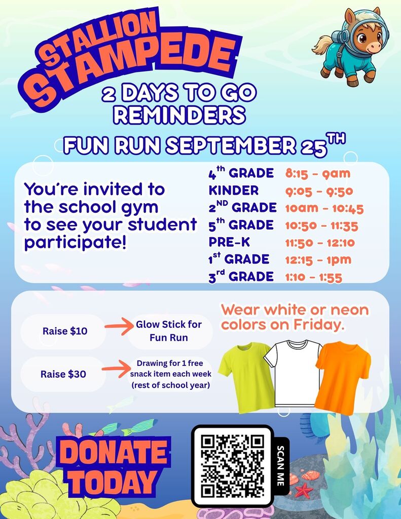 Event flyer with "Stallion Stampede" in large text. A schedule lists times for different grades. A QR code and donation information are present.
