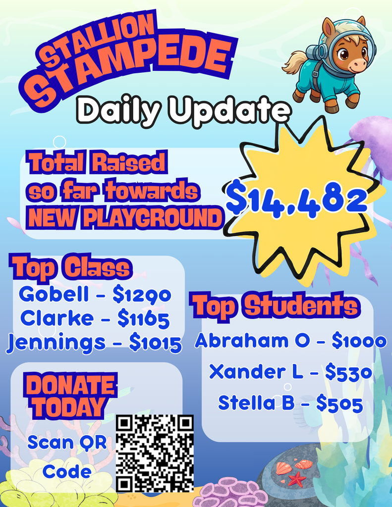 An advertisement features the text "Stallion Stampede Daily Update" with a yellow sunburst. It shows amounts raised and top contributors, including Gobell, Clarke, and Jennings.