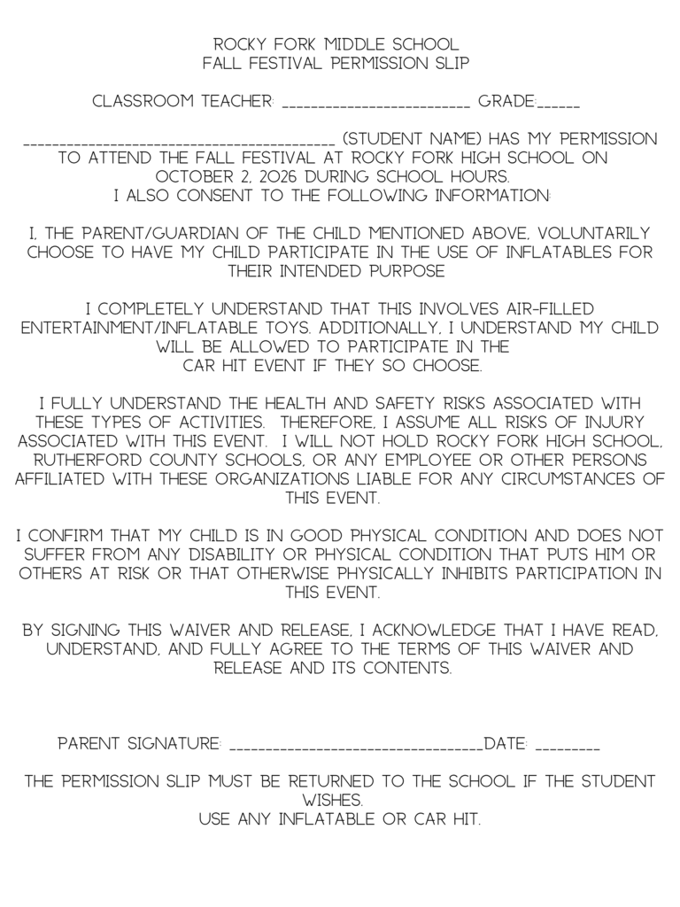 Fall festival permission slip