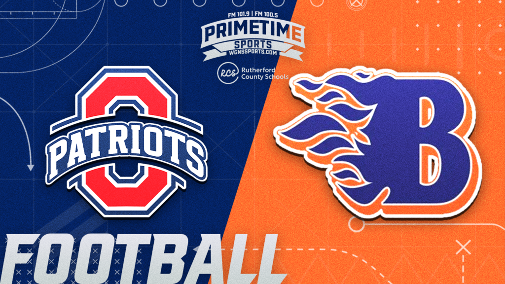 Two football team logos on a blue and orange background. One logo reads "Patriots" and the other says "B".
