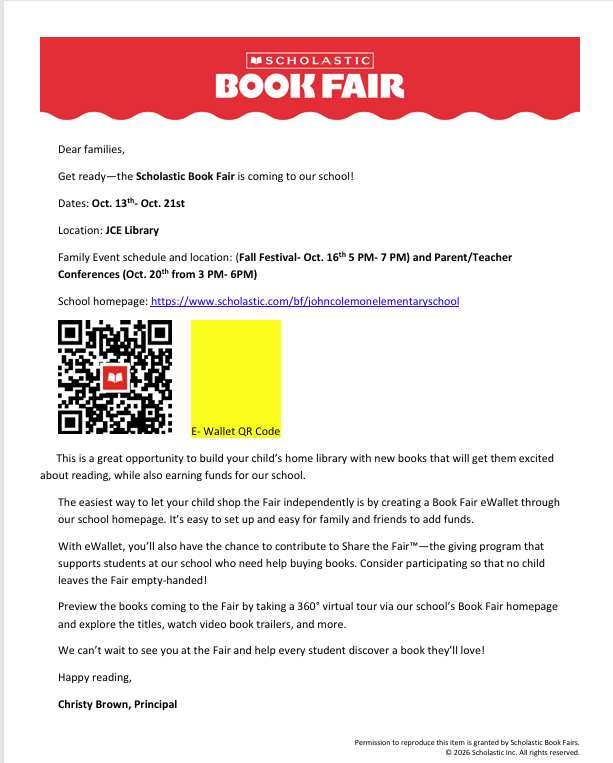 Document displays a school book fair announcement with text and a QR code. Red and white background with "SCHOLASTIC BOOK FAIR" header.