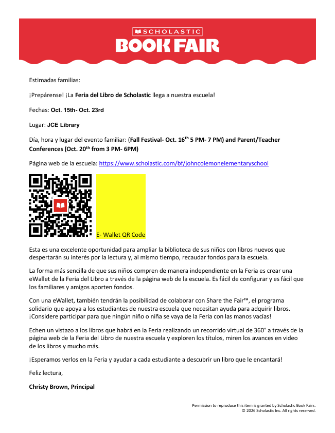 White page with a red and white header. "BOOK FAIR" is in bold white letters. Spanish text is below, with an image of a QR code.