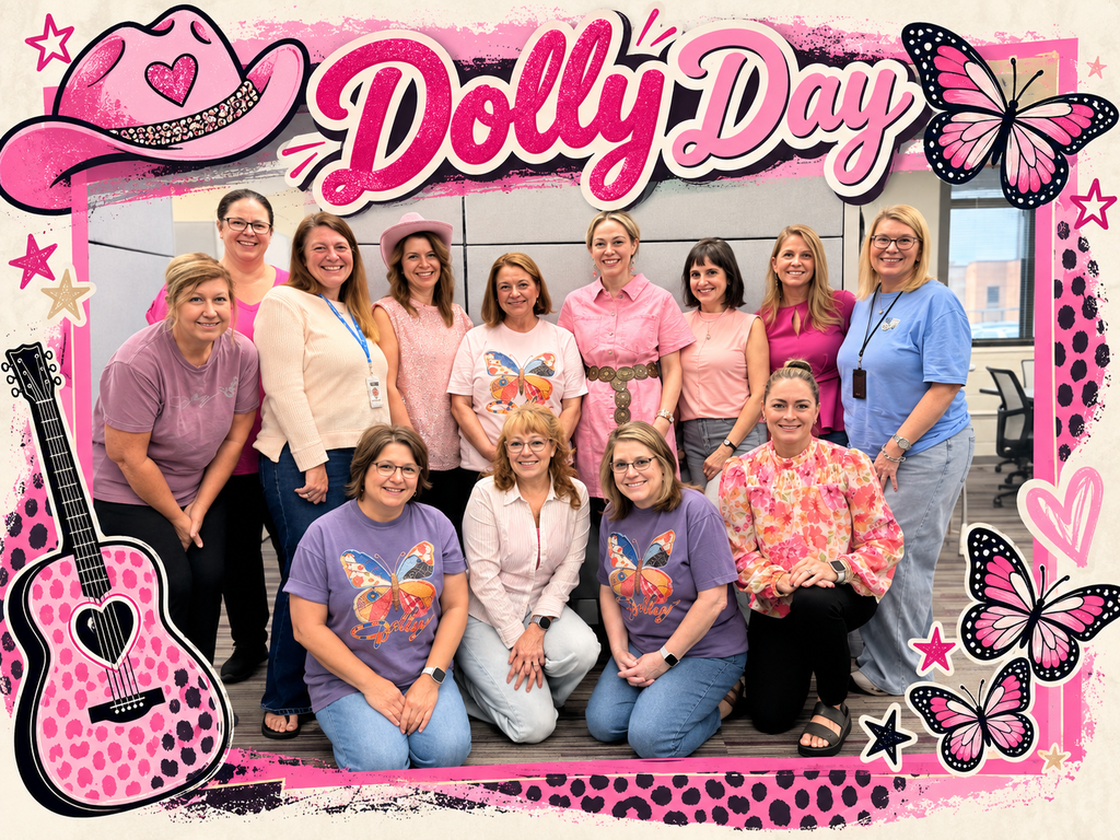 A group of women wearing pink shirts and hats gather for a photo with pink stars, butterflies, and a guitar.