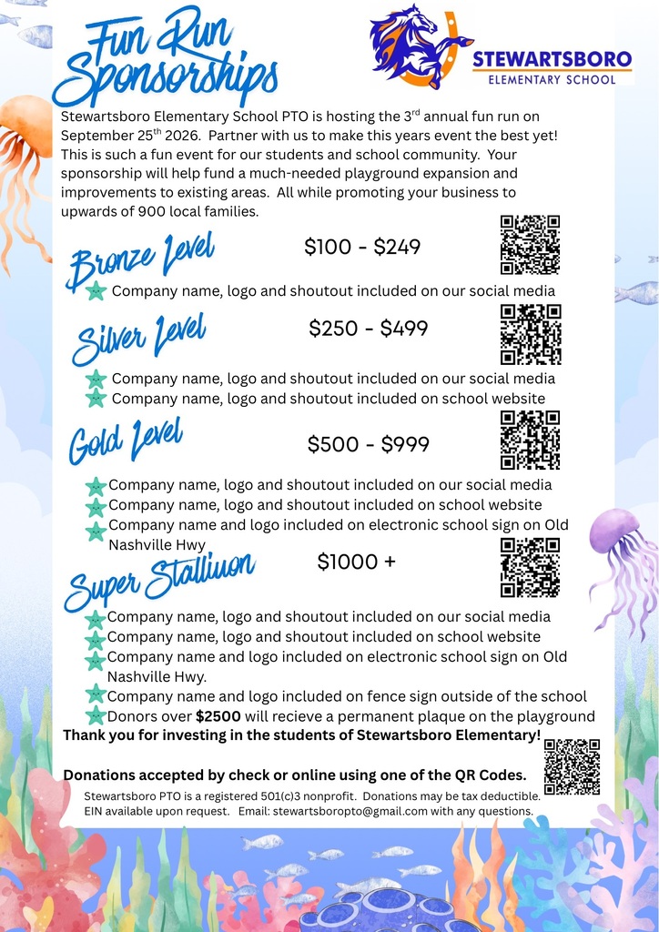 Flyer with text "Fun Run Sponsorships" and QR codes. Text is organized into categories with price ranges. Background includes purple and green patterns.