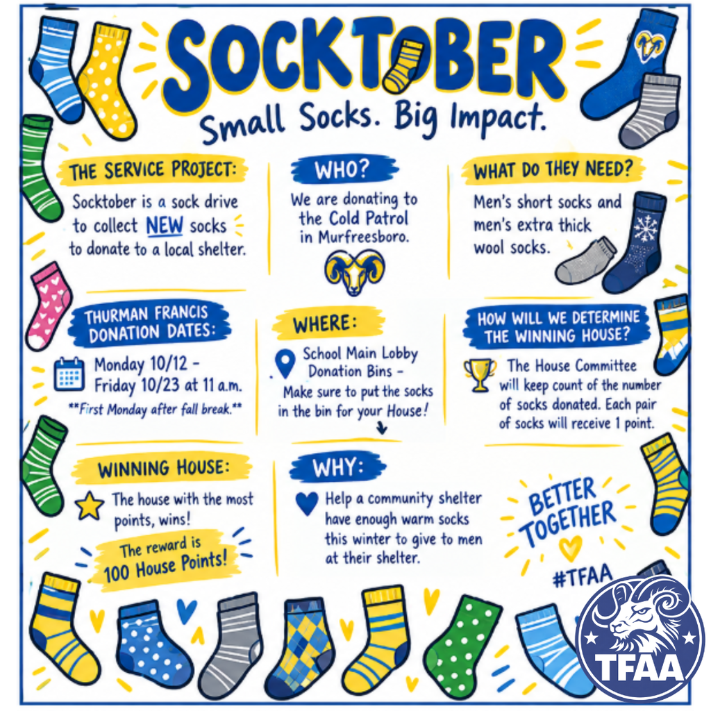 A poster displays details for Socktober. It includes dates, a request for short and thick socks, and the purpose of the drive.