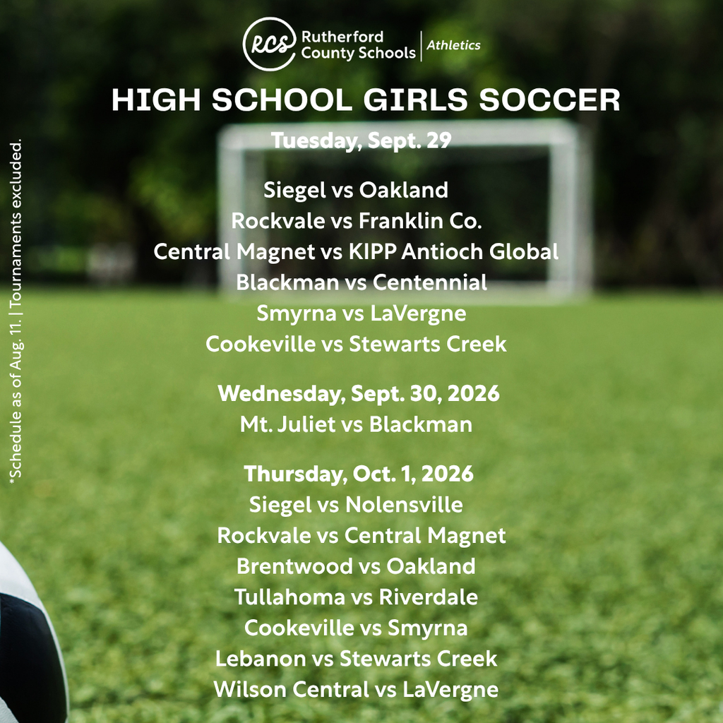 A sports event schedule for high school girls' soccer includes match dates, teams, and a green field background.