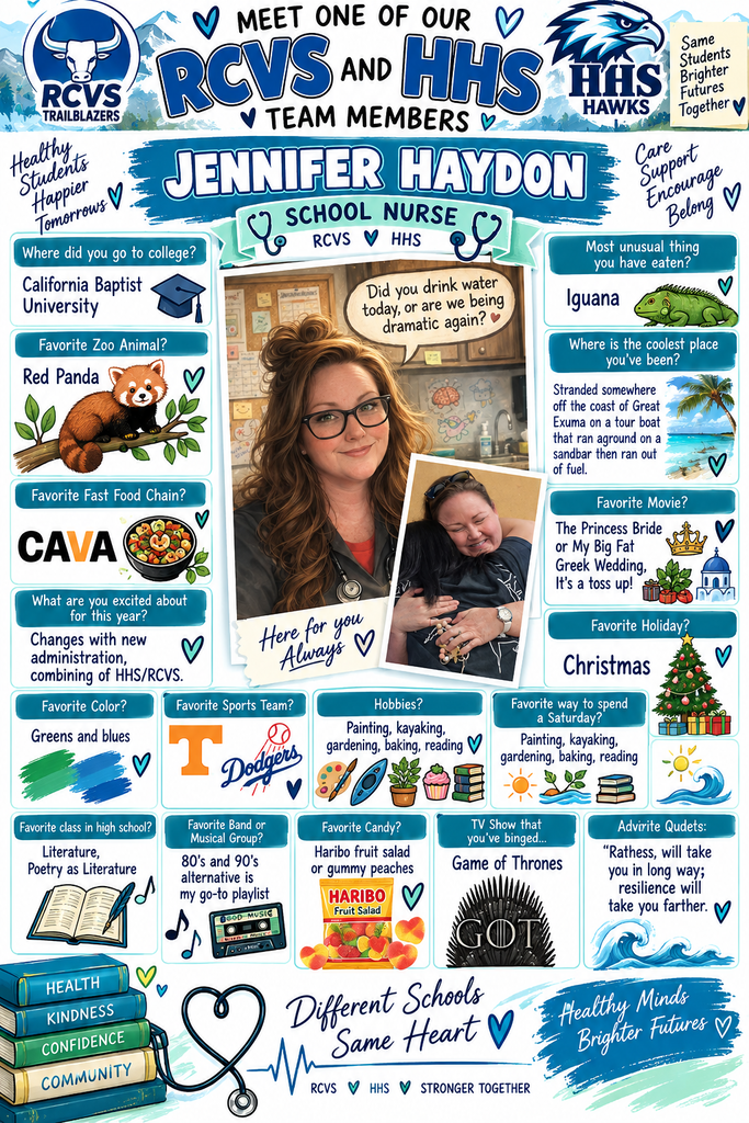 A page with a collage of images and text. It introduces Jennifer Haydon, a school nurse, with various icons like panda, books, and a Christmas tree.