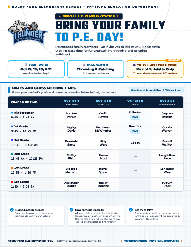 An event invitation poster with the heading "Bring Your Family to P.E. Day!" A schedule of dates and class meeting times.