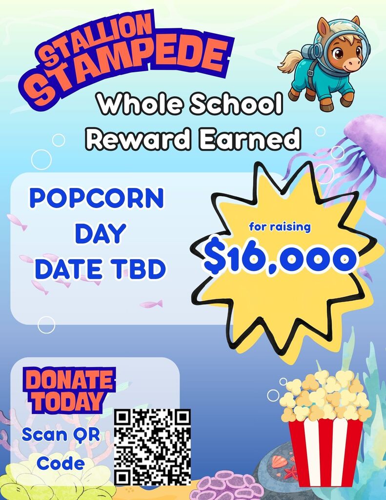 A poster with a blue ocean background displays a reward announcement. It reads "Popcorn Day Date TBD" and "$16,000 for raising". It also has a QR code and an illustration of a cat in space gear.