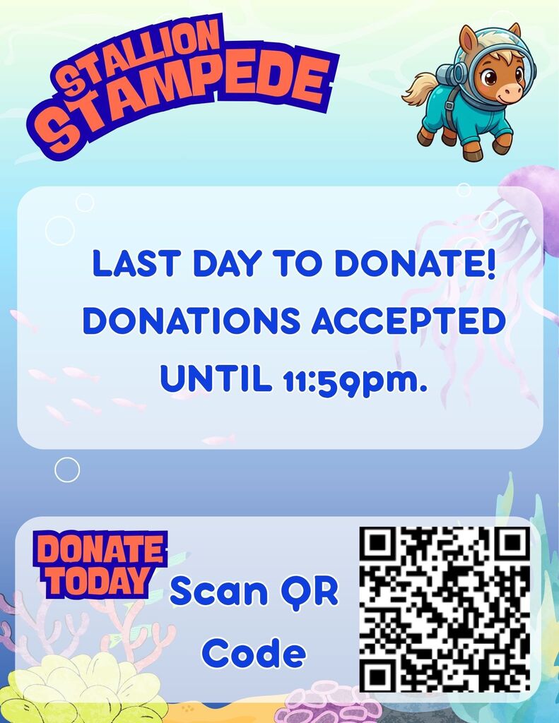 An announcement on a blue background, a horse with a helmet, and a QR code for donations.