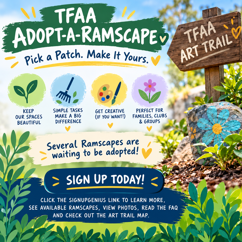 An advertisement for TFAA Adopt-a-Ramscape. A sign in the foreground. A tree and hill in the background.