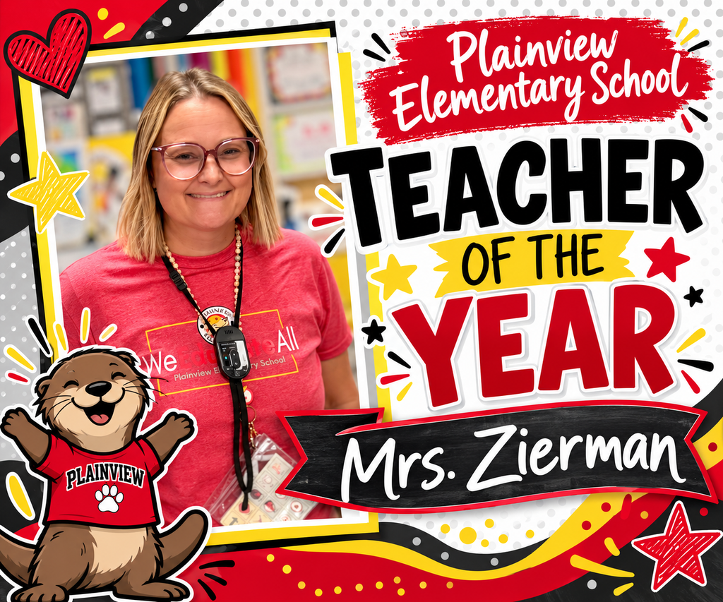 A photo collage with a smiling woman wearing a pink shirt. Text reads "Teacher of the Year" and "Mrs. Zierman." A beaver mascot in red.