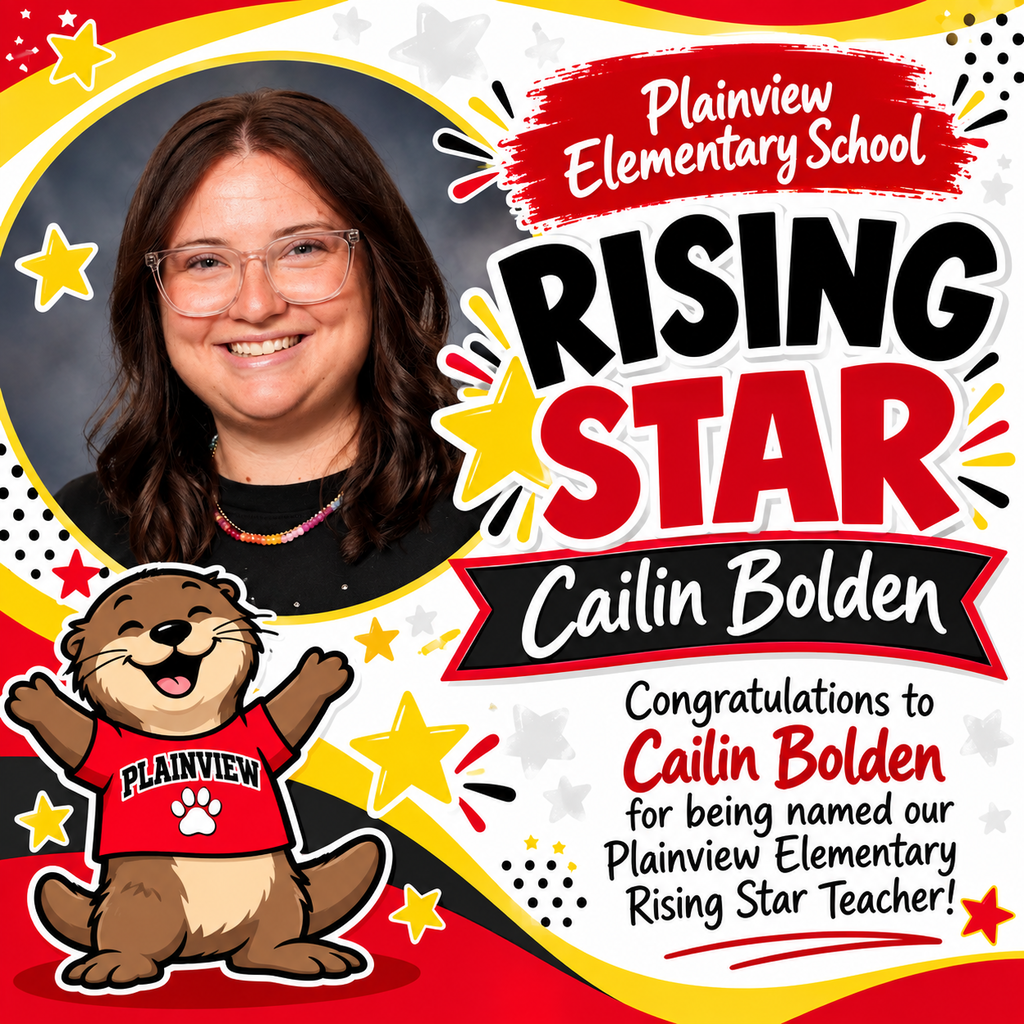 An image shows a smiling woman, Cailin Bolden, with a cartoon beaver. Text reads "Rising Star Cailin Bolden" and "Congratulations to Cailin Bolden for being named Plainview Elementary Rising Star Teacher!"