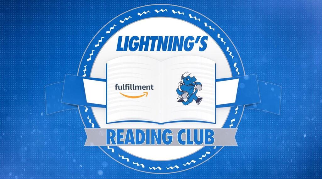 A logo on a blue background. It reads "Lightning's Fulfillment Reading Club". An open book with a cartoon character is in the center.