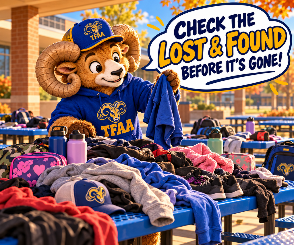 Mascot holds up blue T-shirt. Pile of clothing on table. Large text says, "Check the Lost & Found before it's gone!"