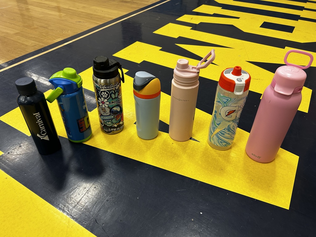Six water bottles with different colors and designs are lined up on a gym floor.
