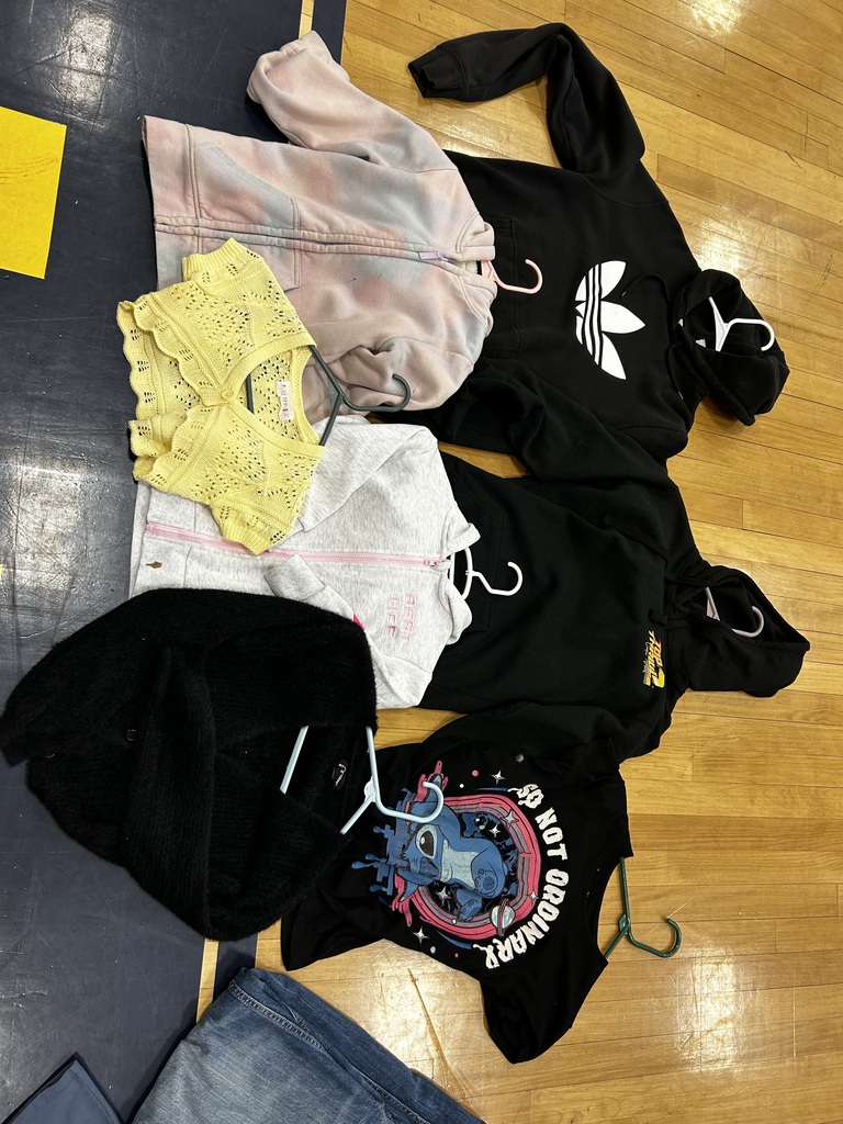 Several clothing items, including hoodies and shorts, are laid out on a wooden floor. Various colors and designs are visible.