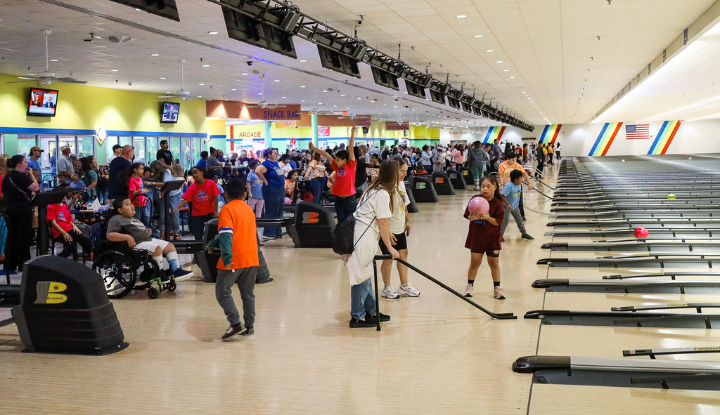 Wide pan view of the bowling alley