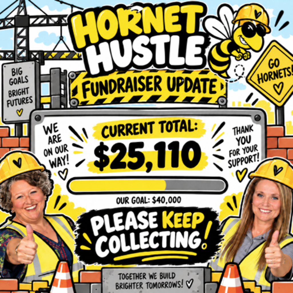 An advertisement shows two women in hard hats giving thumbs up. The text reads "Hornets Hustle Fundraiser Update" and "Current Total: $25,110".
