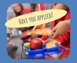 A cafeteria tray holds pizza, apple, and hamburger. A question above asks, "Have you applied?"