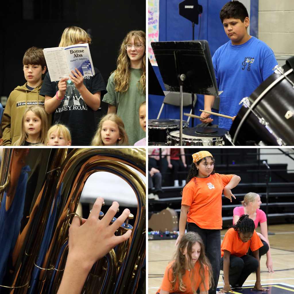 Four images of children. One reads from a book, another plays the drums, another plays a tuba, and the last one performs an exercise.