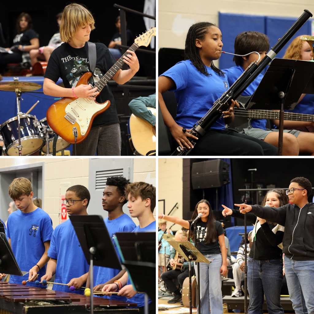 A collage of a band rehearsal shows a boy with a guitar, a girl playing a wind instrument, and others seated or standing around instruments.