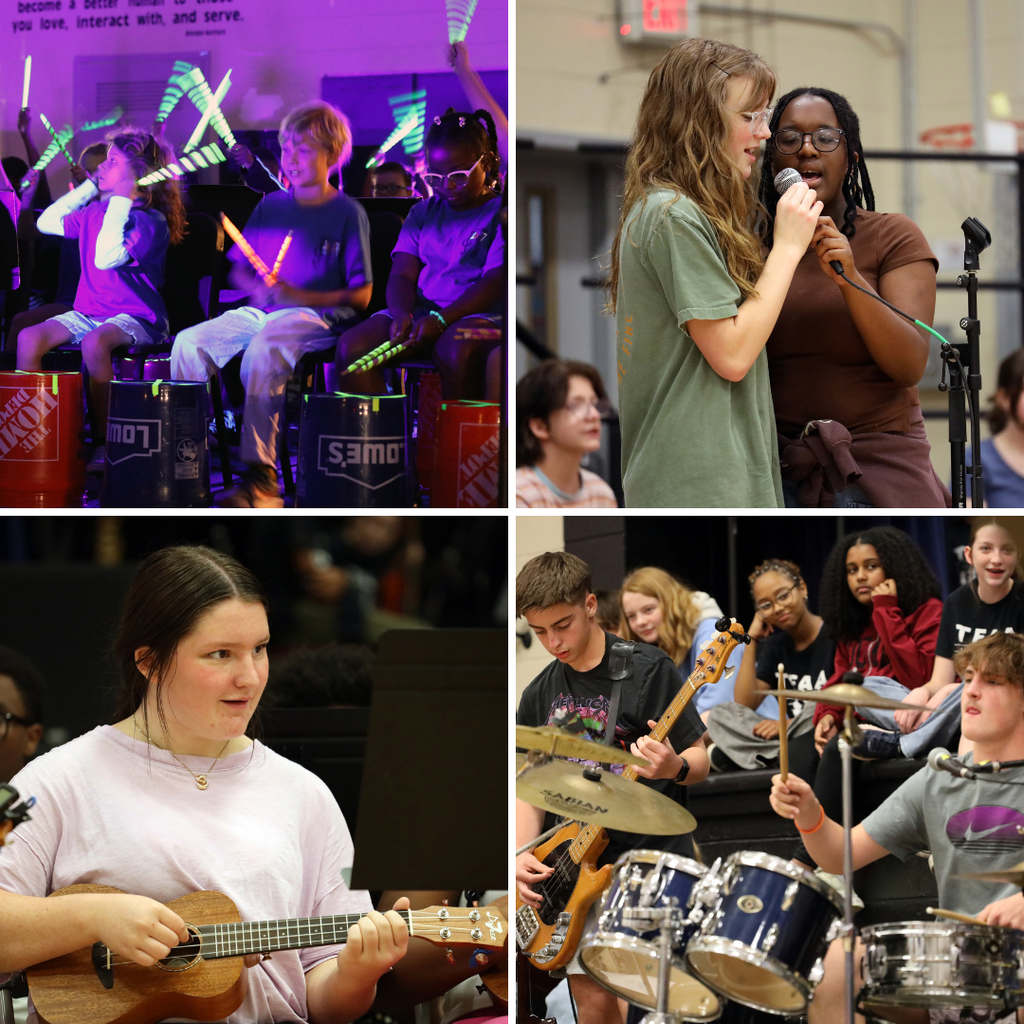 Four photos showing a group of students using musical instruments. The top left shows students using light sticks.