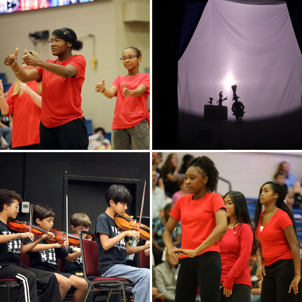 Collage of students engaged in activities: two girls gesturing, a silhouette of a puppet show, children playing violins, and three girls in red shirts performing.