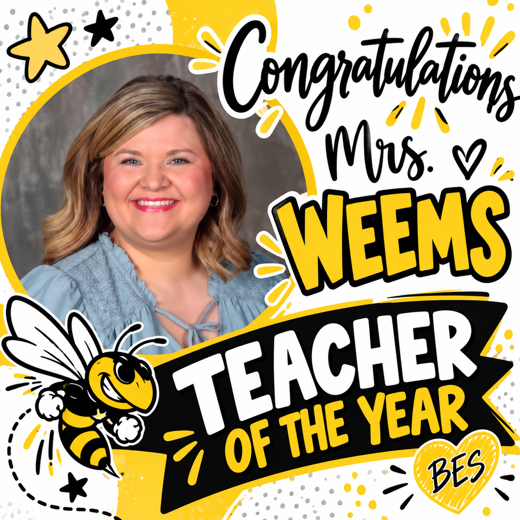 A person smiling at the camera with a background of stars. Text reads "Congratulations Mrs. Weems TEACHER OF THE YEAR".