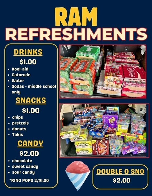 An advertisement displays a range of refreshments and snacks, including drinks, chips, candy, and desserts. Various items are organized in boxes and bags.