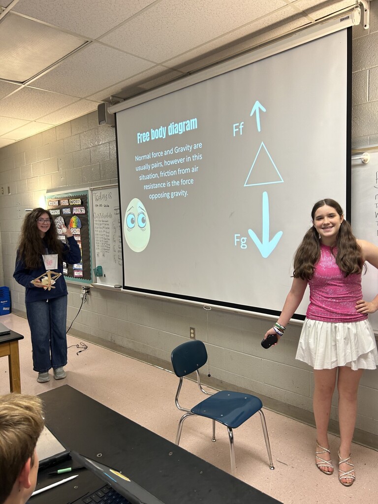 Two girls present a lesson on a whiteboard, with a diagram of a free body diagram.