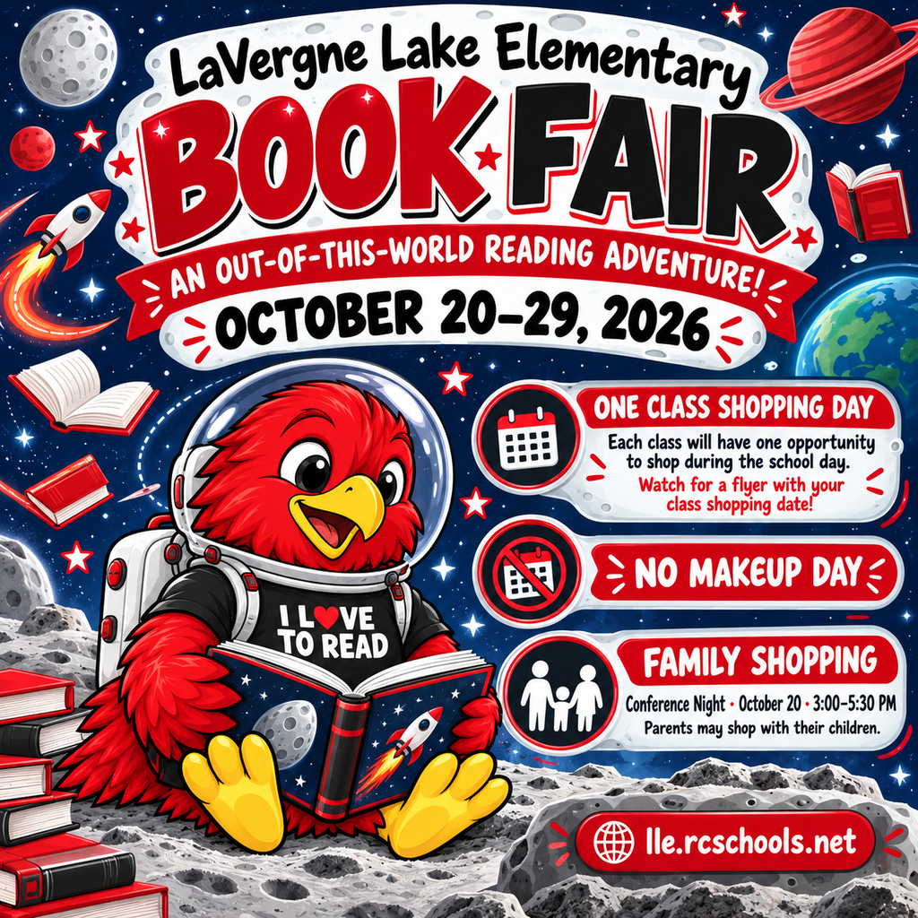 Poster shows an astronaut chick reading a book on the moon. Text reads "LaVergne Lake Elementary Book Fair" and "October 20-29, 2026".