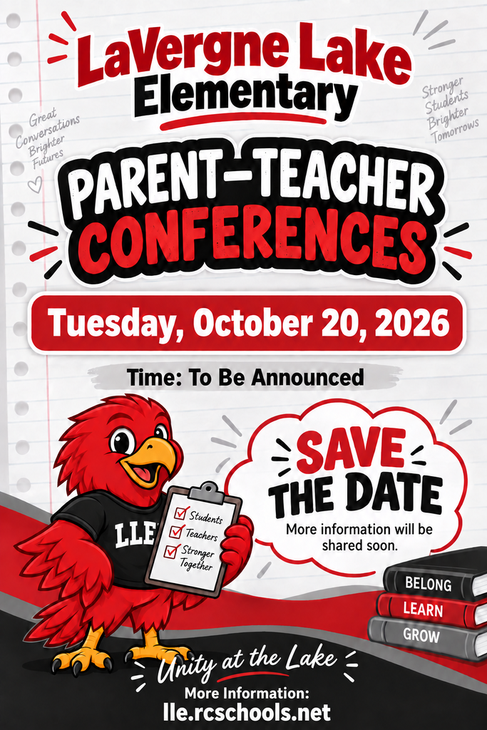 Flyer for Parent-Teacher Conferences at LaVergne Lake Elementary on October 20, 2026. A bird holds a clipboard and checks a list.
