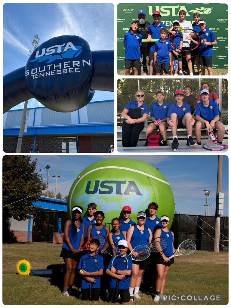 Four photos of a group of people wearing blue shirts and tennis gear, including a balloon and tennis ball.