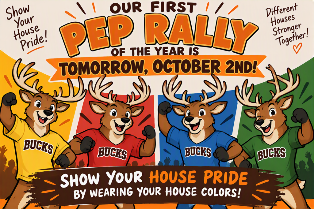 Brightly colored deer wearing shirts reading "BUCKS" and "SHOW YOUR HOUSE PRIDE" with a message that tomorrow is a Pep Rally.