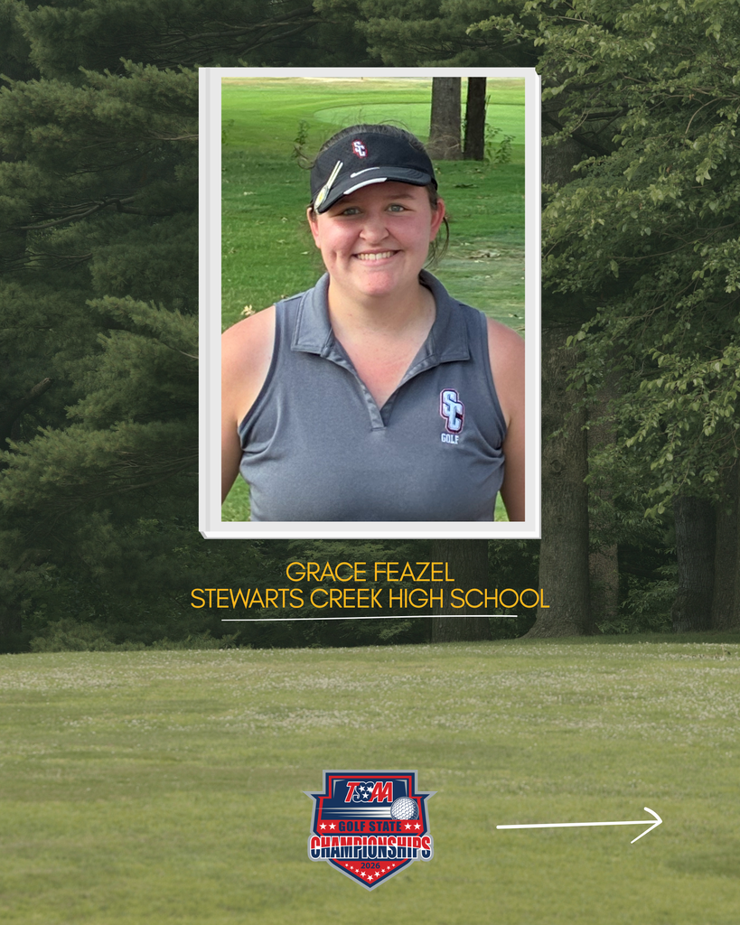 A smiling woman stands in a field, wearing a gray shirt and a cap. Text reads "Grace Feazel, Stewarts Creek High School".
