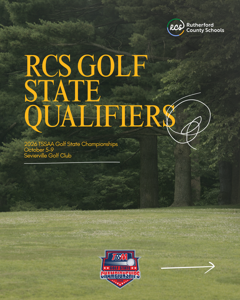 Golf course with lush green grass and trees in background. Text reads "RCS GOLF STATE QUALIFIERS".