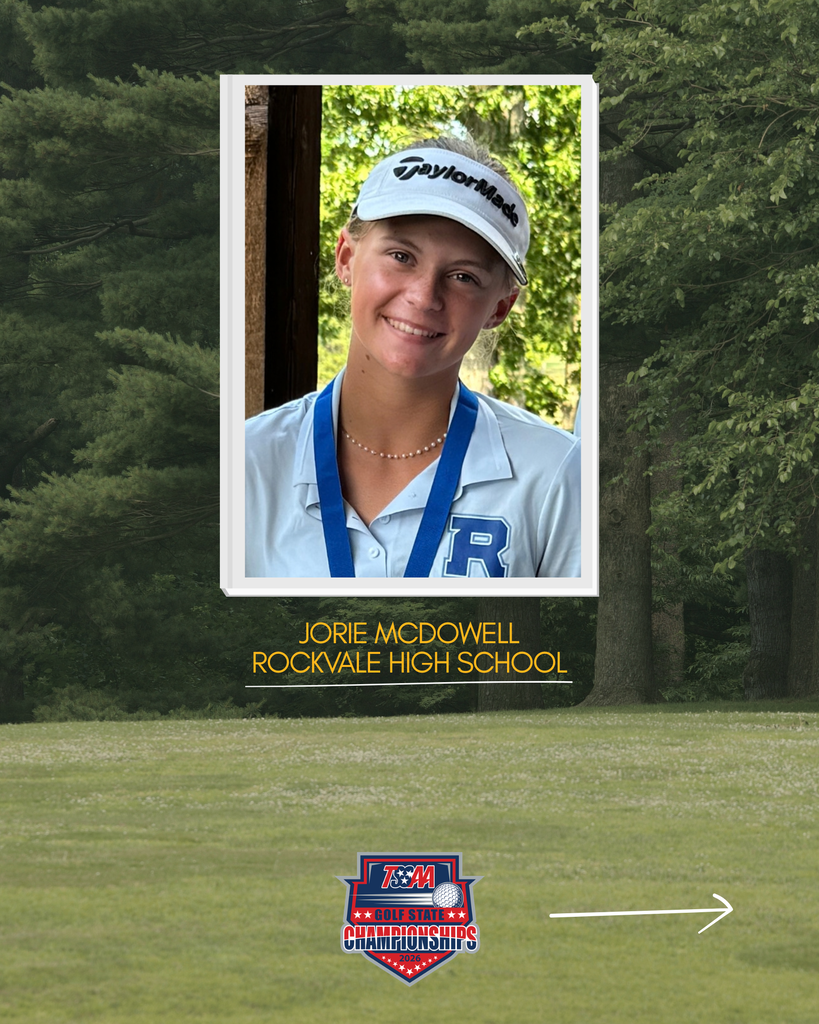 A young woman wearing a white cap smiles in a photo with a forest background. Her name, Jorie McDowell, and her school, Rockvale High School, are displayed.