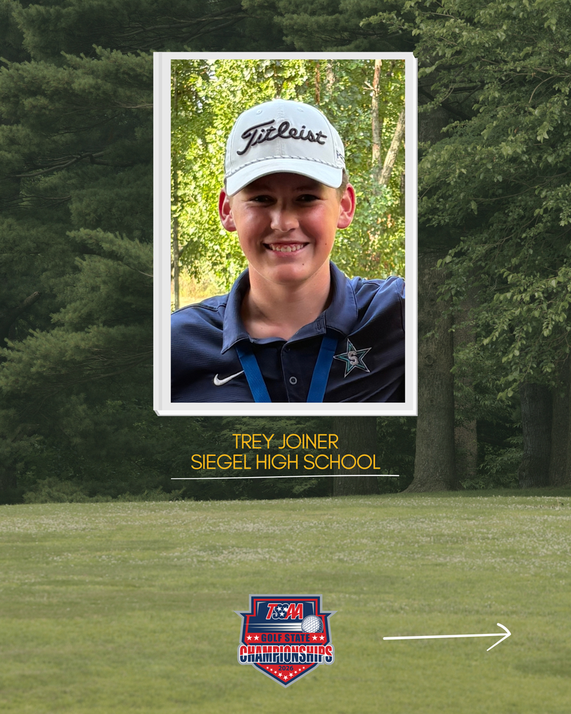 A smiling boy with a white cap, blue shirt, and a lanyard stands on a golf course. Name reads Trey Joiner, Siegel High School.
