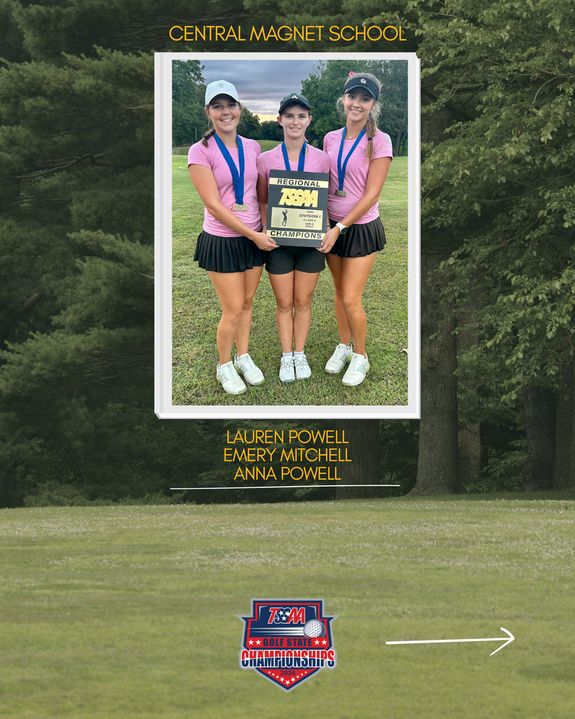 Three girls in pink shirts and black skirts hold medals and a plaque. They stand on a grassy field with trees in the background.