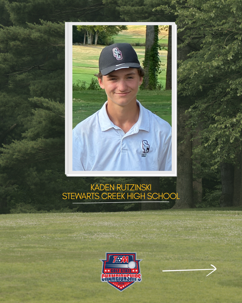 A young man in a white polo shirt and a black baseball cap is smiling. Below is text reading "KADEN RUTZINSKI, STEWARTS CREEK HIGH SCHOOL." A golf logo is at the bottom.