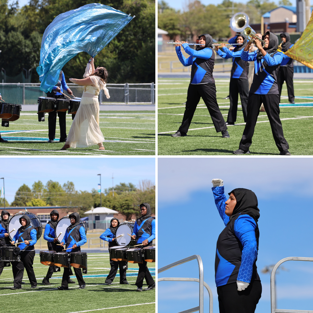 Four images of a marching band on a football field. One shows a flag, one shows musicians, one shows drummers, and one shows a flag bearer.