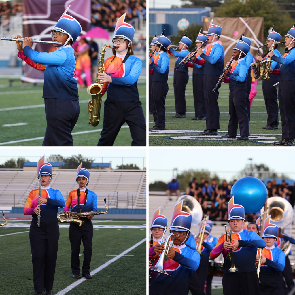 Four photos of a marching band performing on a field. Instruments include saxophones, trumpets, and tubas.